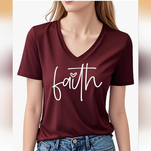Tops - Faith Script V-Neck Tee - Burgundy XL